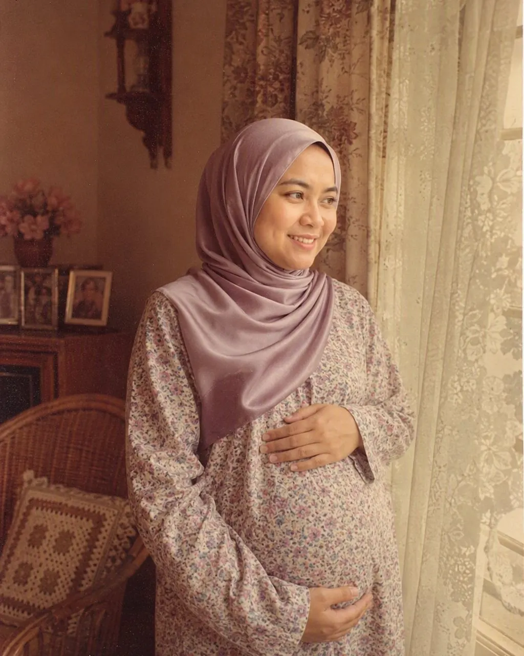 Gambar AI ibu mengandung Melayu gaya 80an dengan tudung dan baju kurung labuh