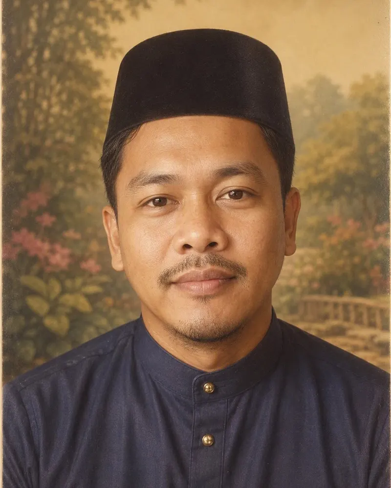 Potret di kafe dapat baju kurung moden corak bunga kecil, tudung segi empat dipin kemas dan flash terus ala kedai gambar zaman 80an.