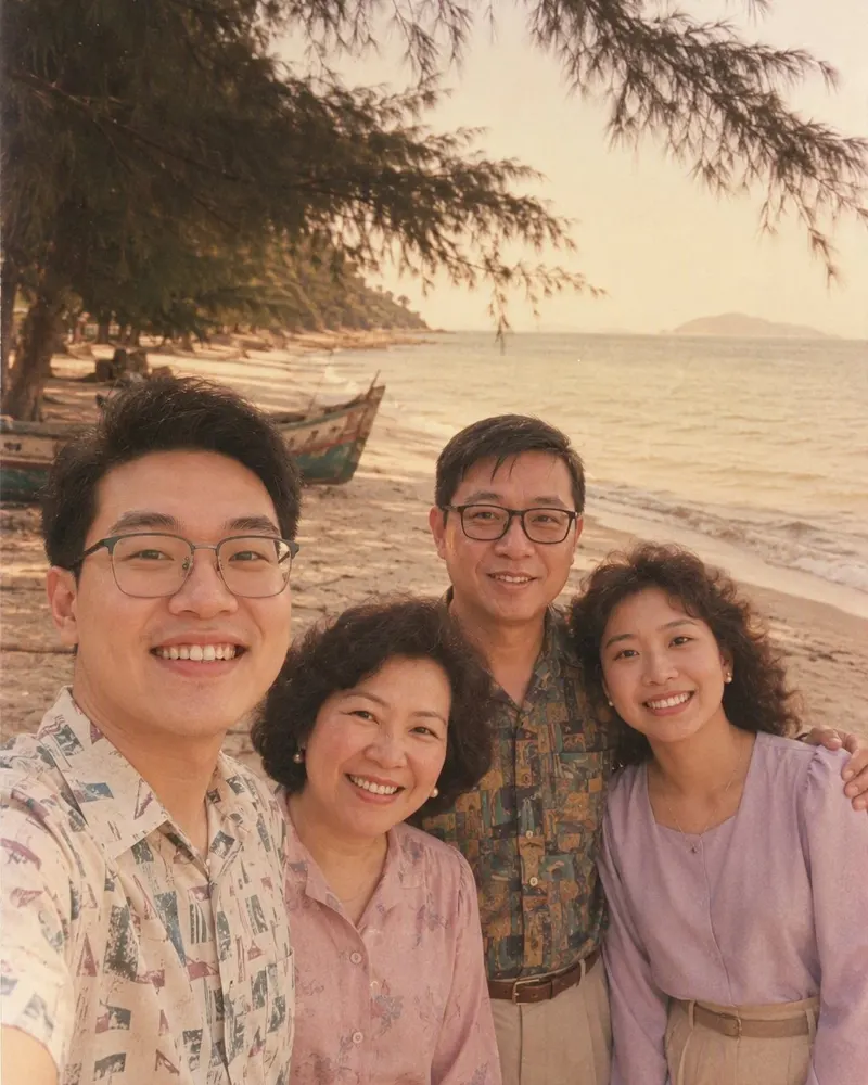 Gambar keluarga di pantai Pulau Pinang jadi cetakan 3R pudar zaman 80an — warna kuning hangat, rambut besar ala Hong Kong dan bucu bulat.