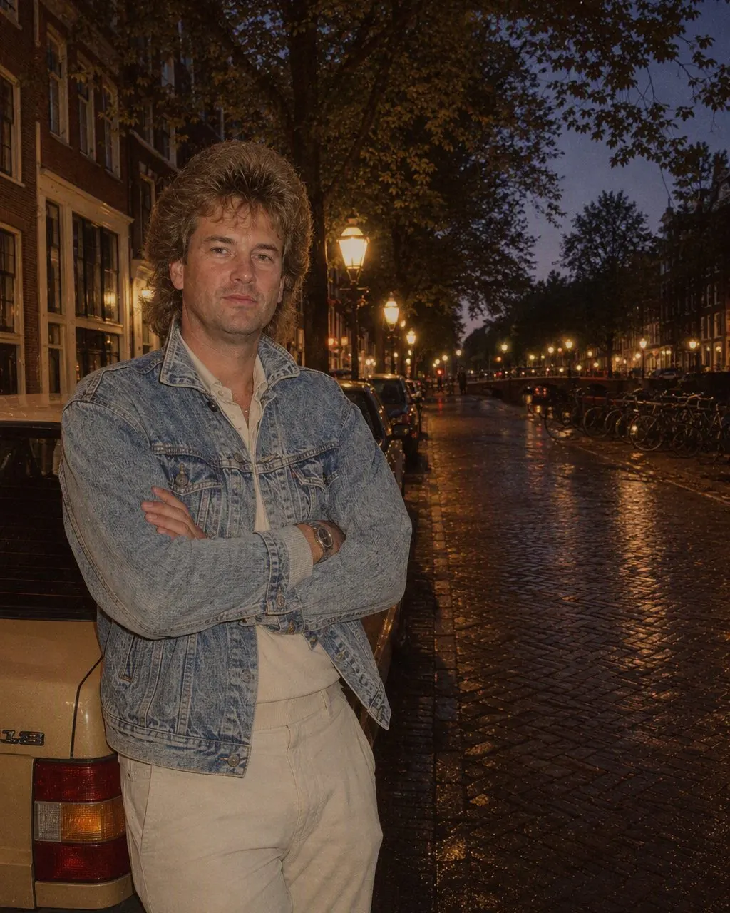 Foto naast een Opel Kadett uit 1986 voor Amsterdamse grachtenpanden, gemaakt met AI
