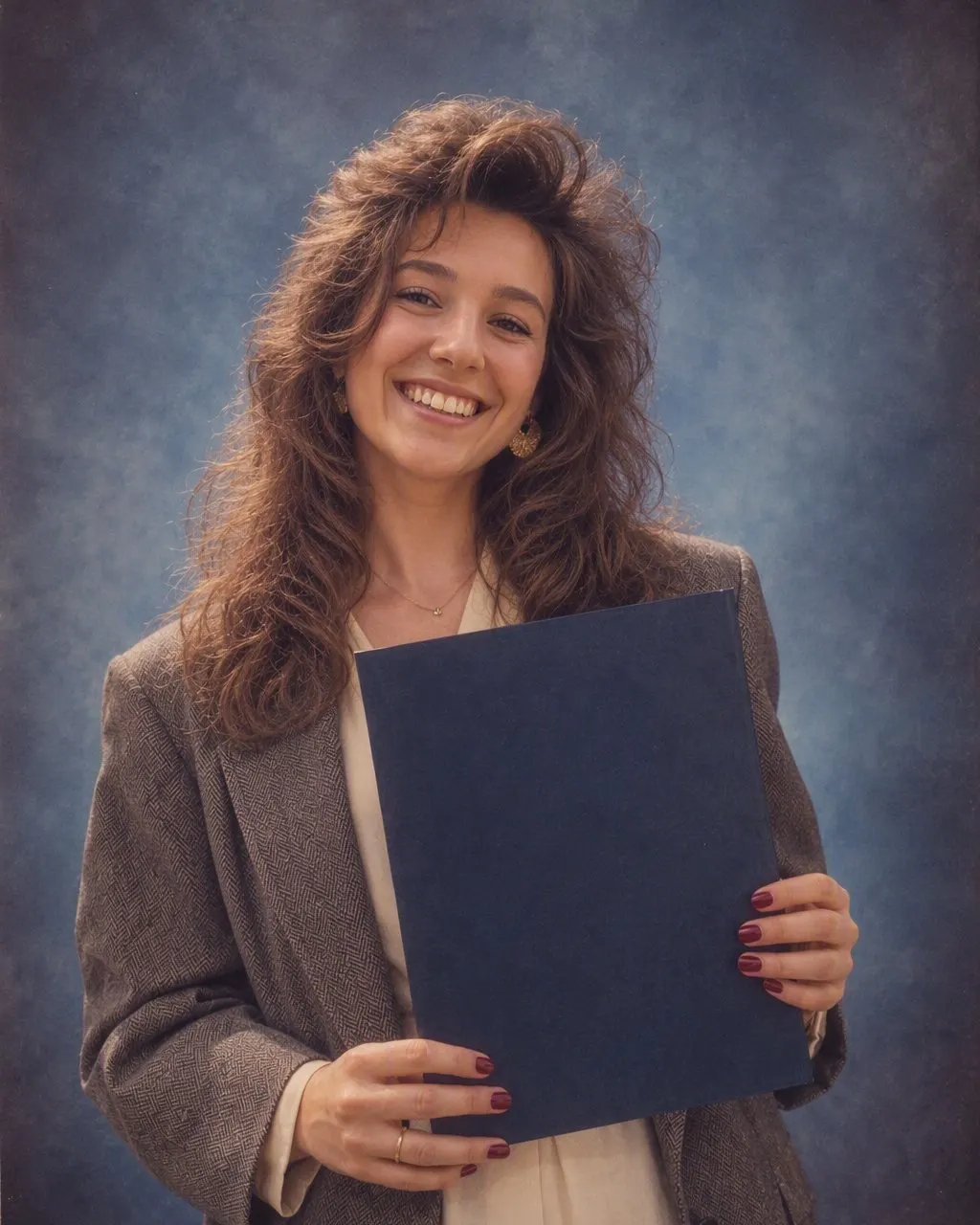 Portret met baret en toga in jaren 80-stijl voor een studioachtergrond, gemaakt met AI