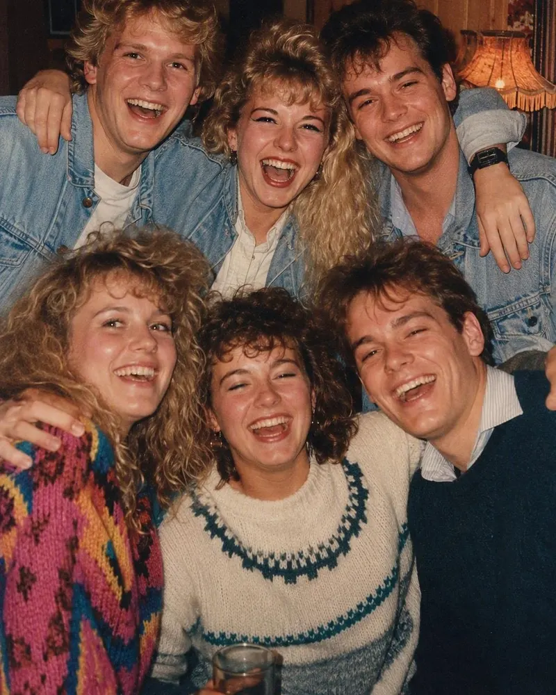 En gruppeselfie flytter til en 80-talls fest, med periodefrisyrer på alle.
