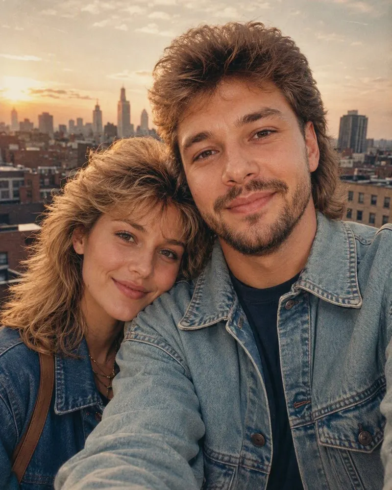 Selfie pary staje się studyjnym zdjęciem z lat 80.