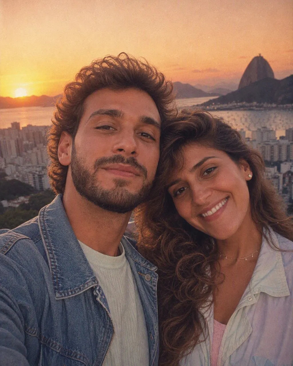 Casal no estilo anos 80 feito com IA no FaceCast, com jaqueta jeans e fundo néon