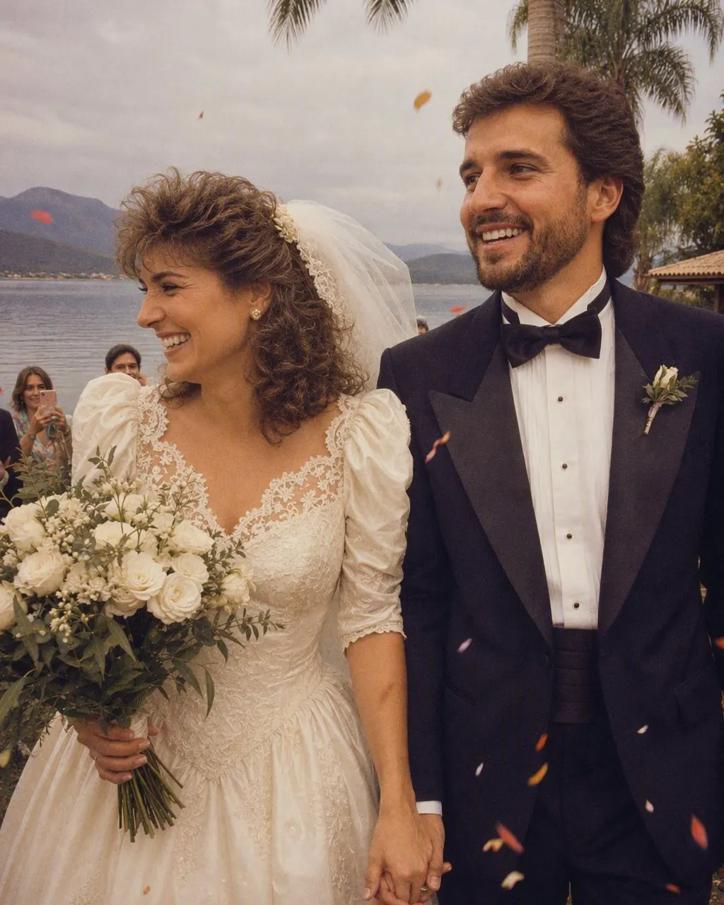 Foto de casamento transformada no estilo anos 80 com IA no FaceCast, com flash direto e granulado de filme