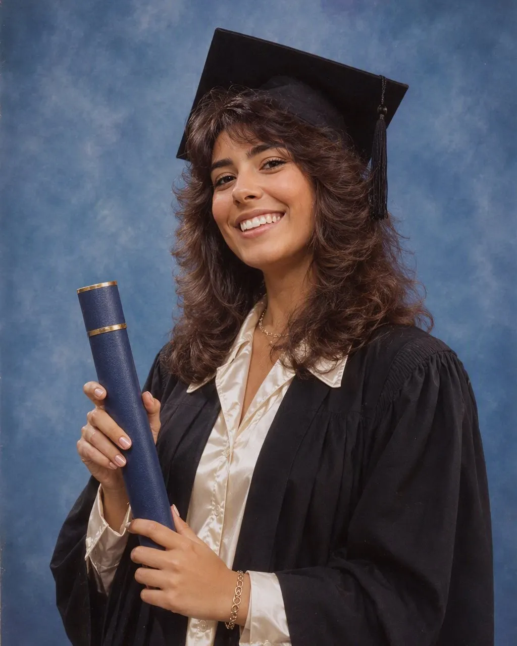 Foto de formatura no estilo anos 80 gerada por IA no FaceCast: beca, capelo e fundo de estúdio azul mesclado