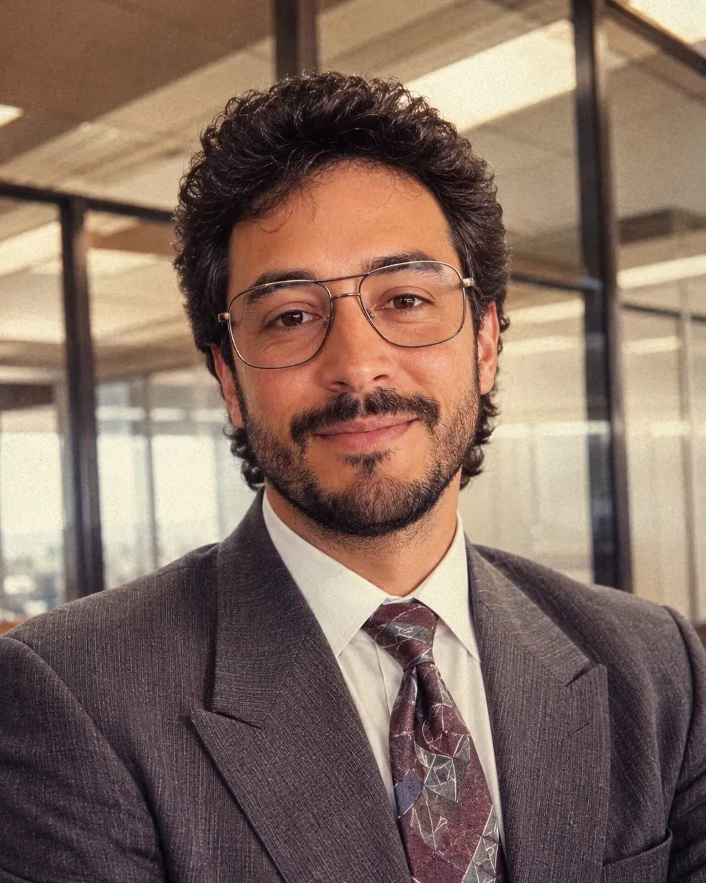 Retrato corporativo no estilo anos 80: terno com ombreiras largas, gravata estampada, óculos de armação grande e sala com painéis de madeira