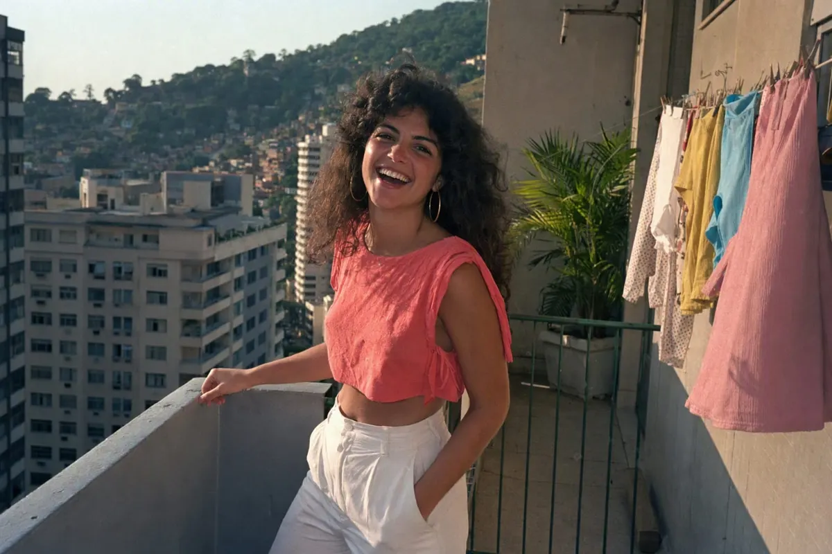 Foto no estilo anos 80 gerada com IA: mulher de cabelo permanente e blusa coral néon na varanda de um apartamento no Rio em 1986, flash direto e granulado de filme