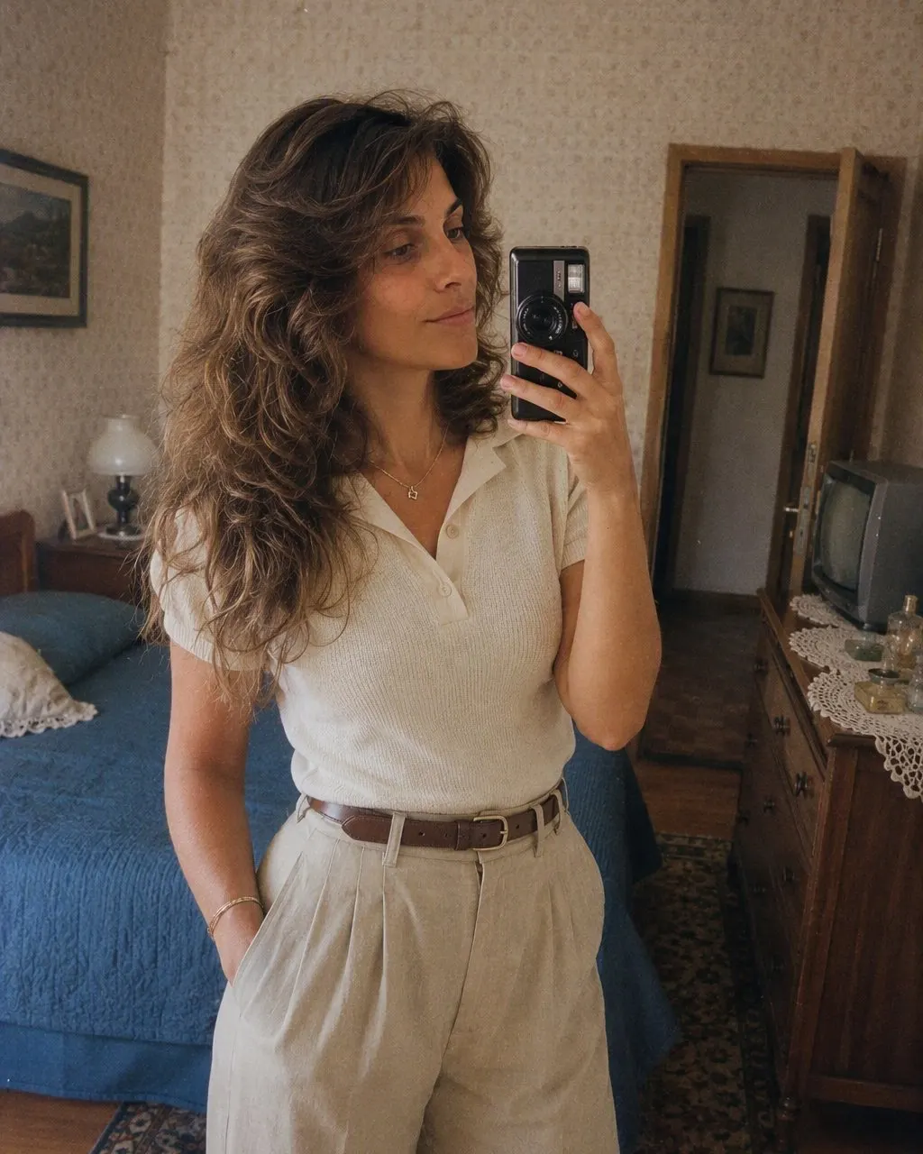 Selfie ao espelho transformada em fotografia dos anos 80, num apartamento lisboeta com papel de parede estampado e naperon de croché