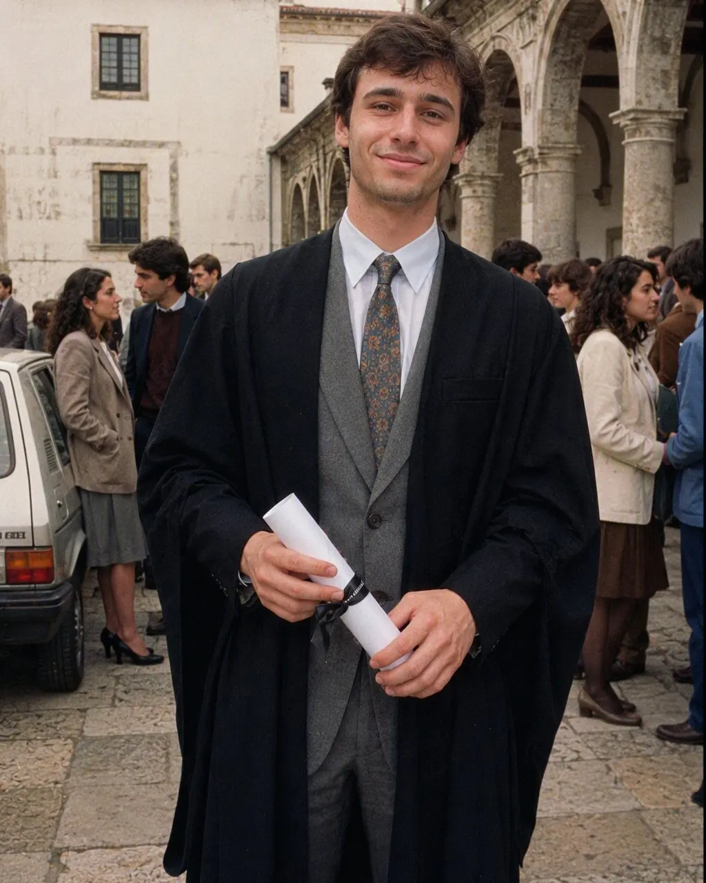 Retrato de estúdio em estilo anos 80 com flash direto e grão de filme