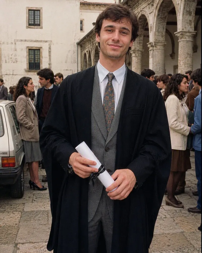 A fotografia de fim de curso passa a retrato de estúdio dos anos 80, com fundo mesclado e flash direto.