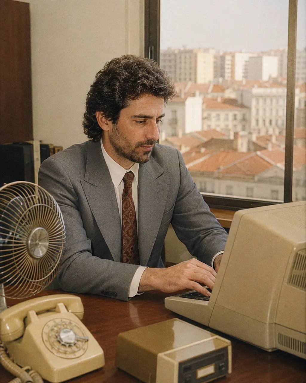 Um retrato de trabalho de hoje e o mesmo retrato com fato de ombreiras e óculos de armação grande.
