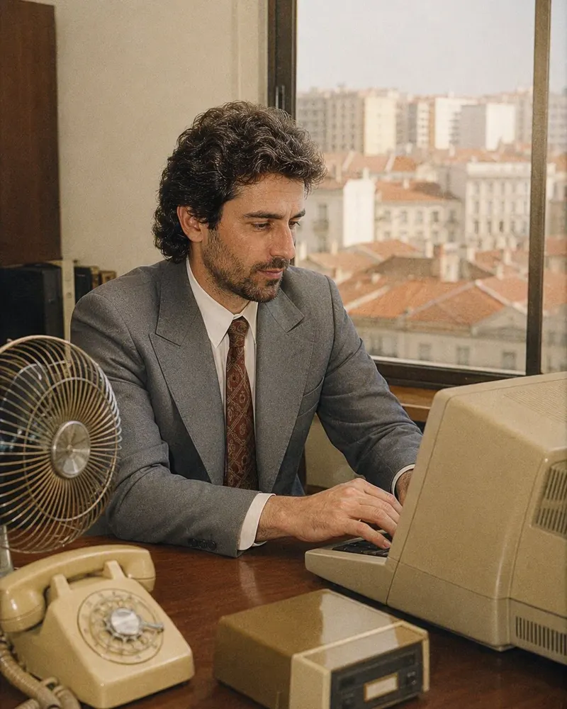 O retrato de trabalho ganha fato de ombreiras, óculos de armação grande e um fundo de estúdio da época.