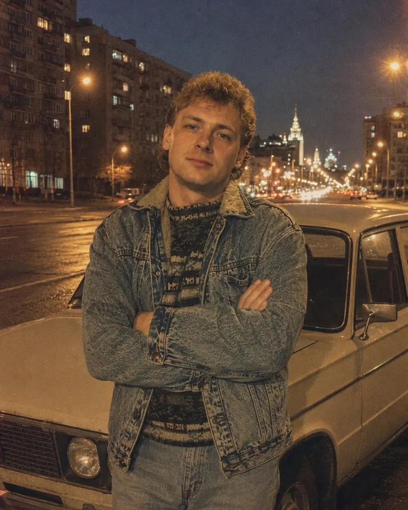 Кадр у машины во дворе превращается в вечер 1985 года рядом с «Жигулями».