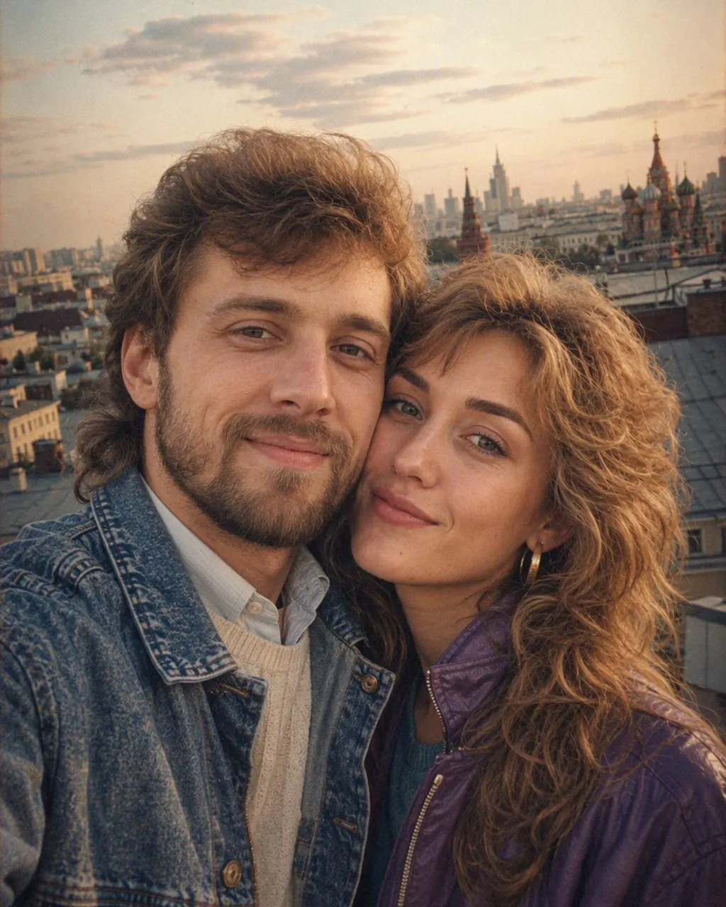 Парный портрет в стиле 80-х, сделанный нейросетью FaceCast: объёмные причёски, ковёр на стене и плёночное зерно