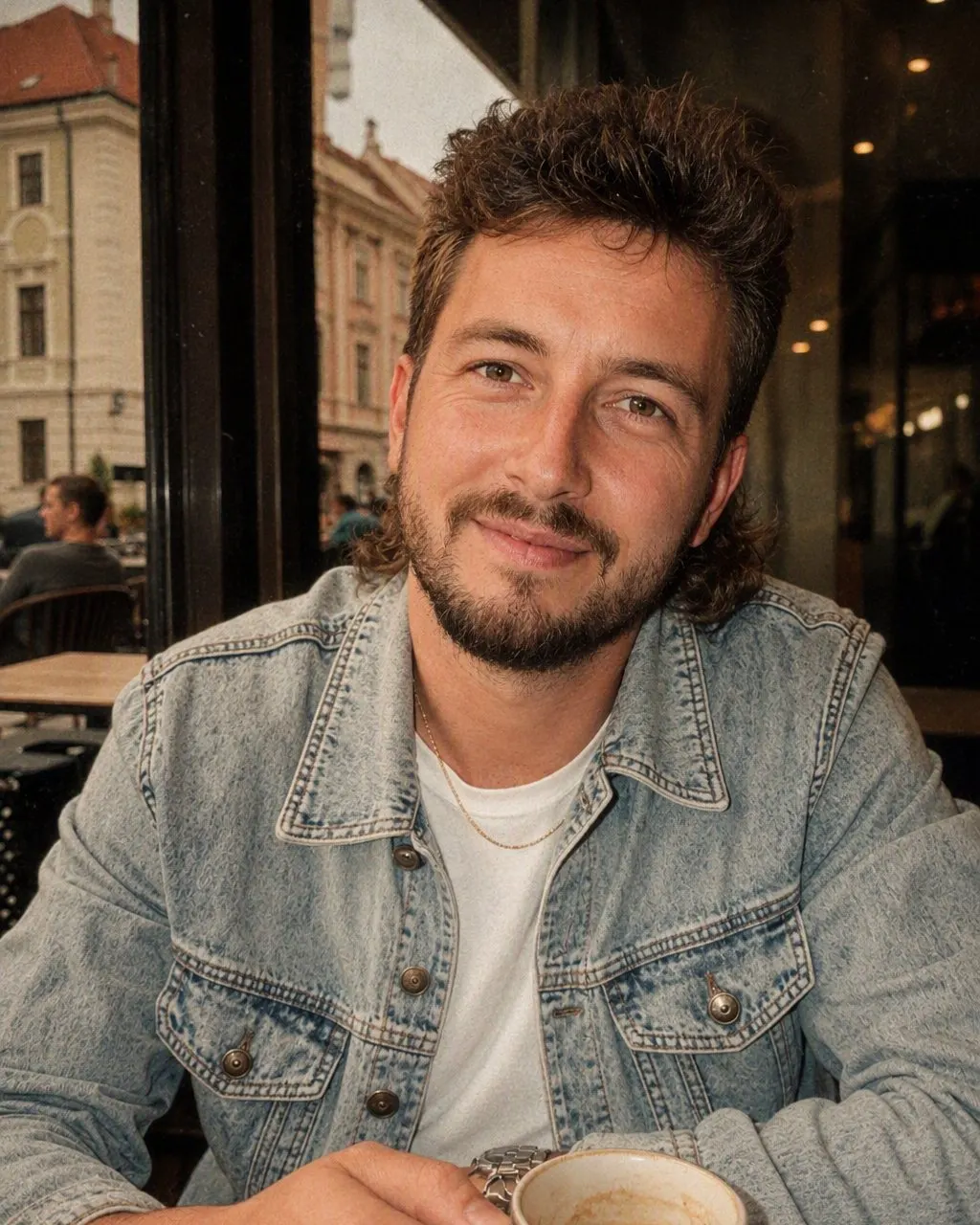 Samostatný portrét v štýle 80. rokov: objemný účes, sako s vypchávkami a ateliérové pozadie
