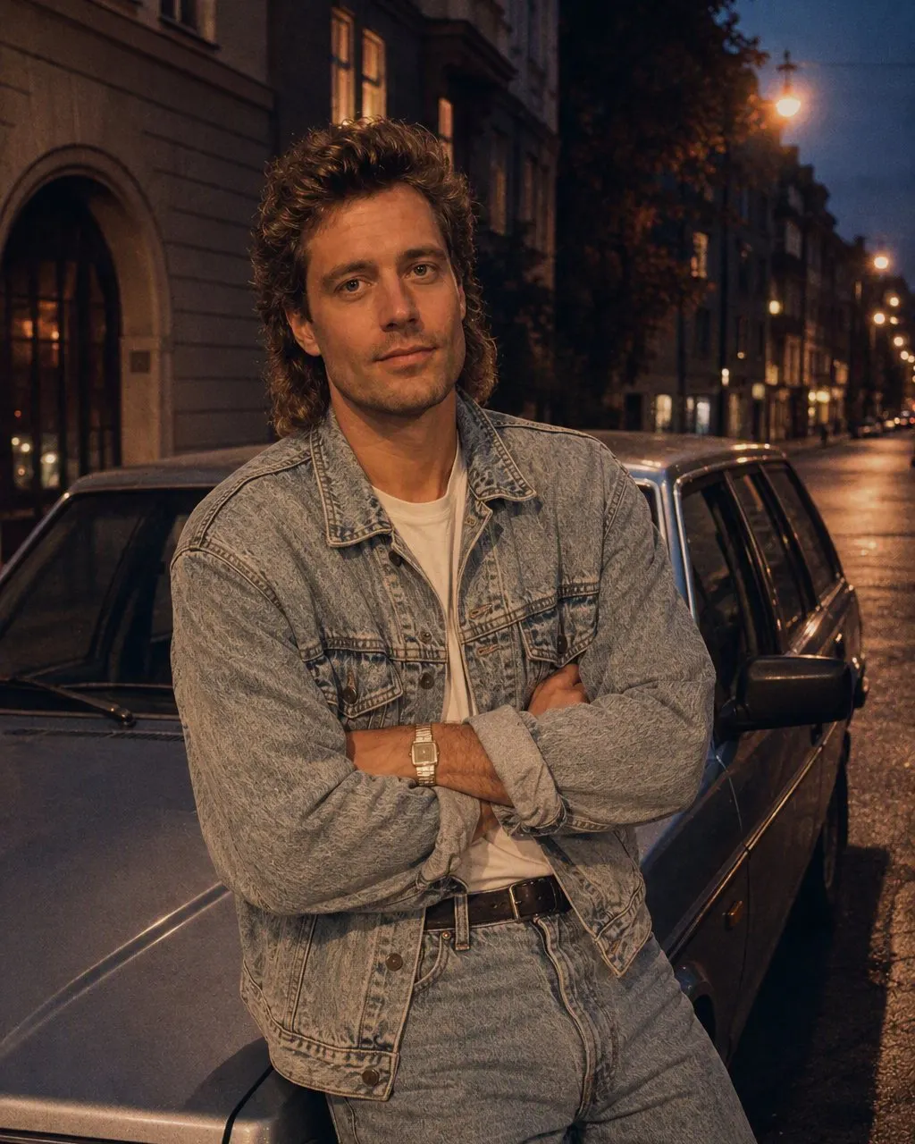 AI-bild vid en Volvo 240 på en kvällsgata i 80-talsstil