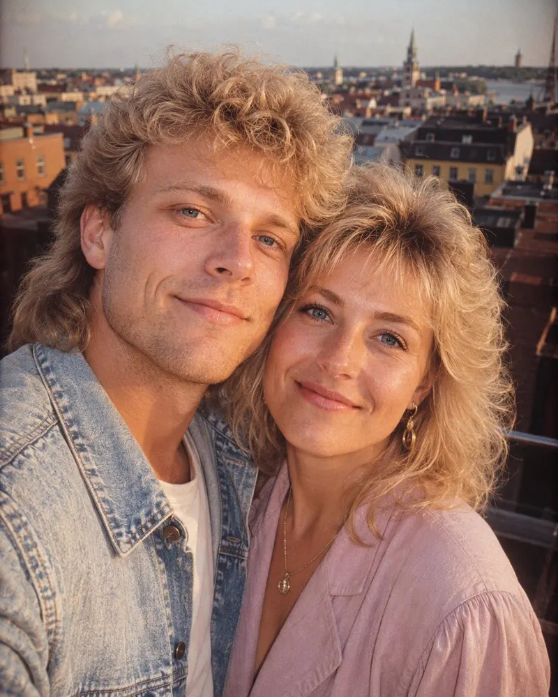 En parselfie på en balkong i Stockholm blir en studiofotografering från 80-talet i matchande jeans.