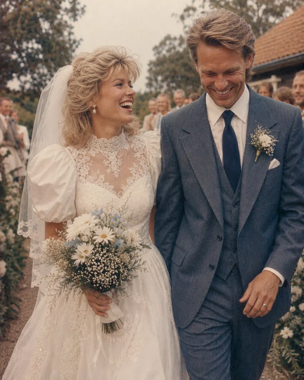 Ett brudpar omstylat till ett bröllopsporträtt från mitten av 1980-talet med puffärmar, slöja och smoking med breda slag