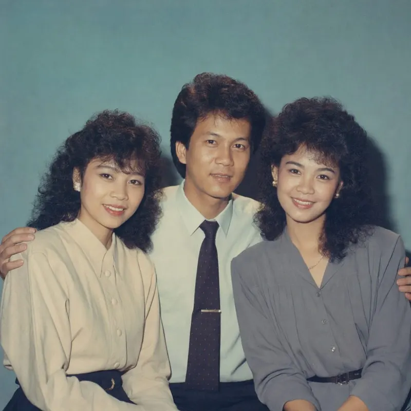 Ảnh nhóm bạn chuyển về một buổi họp mặt năm 1986, ai cũng có kiểu tóc và trang phục đúng thời.