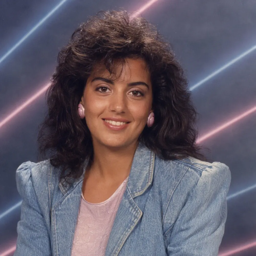 FaceCast ile tek fotoğraftan üretilmiş 80’ler stili kadın portresi, sade stüdyo fonu önünde