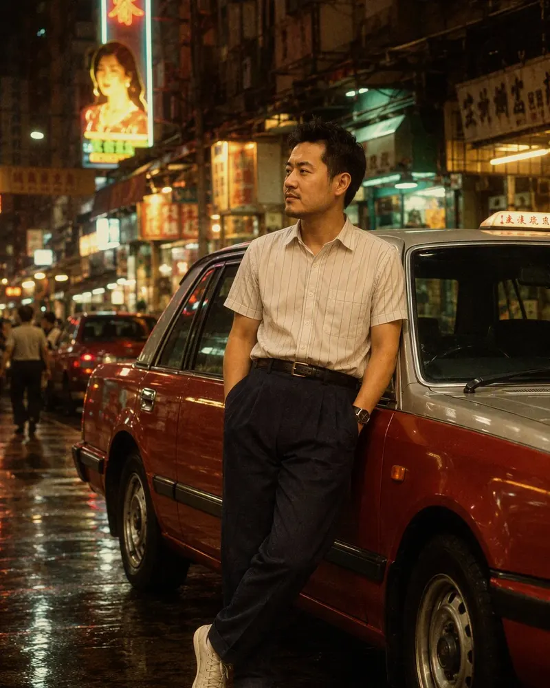 車邊的街頭相，變成 1986 年霓虹燈下的夜景，旁邊是一部紅色的士。