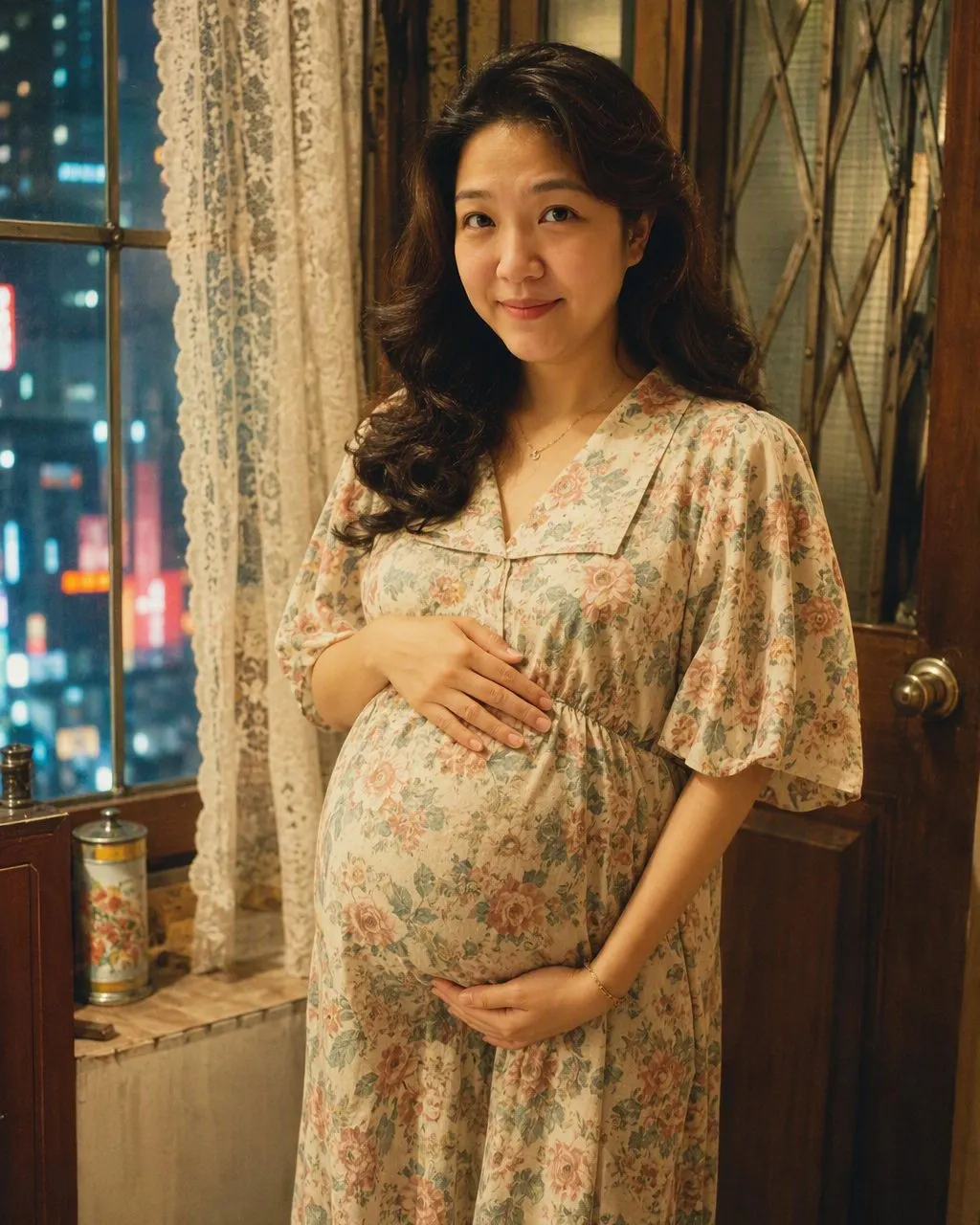 一位孕婦嘅港風大肚相:柔光、紅唇、大波浪髮、粉色調
