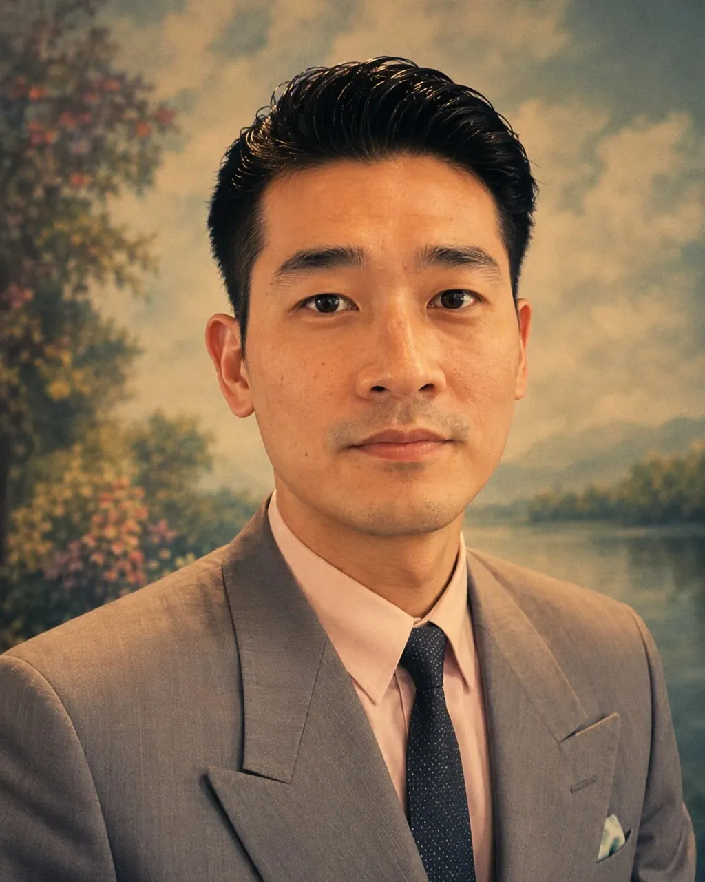 一位女士嘅港風妝容人像:粗而有角度嘅眉、啞光紅唇心形嘴、煙燻眼影、大波浪髮、影樓柔光