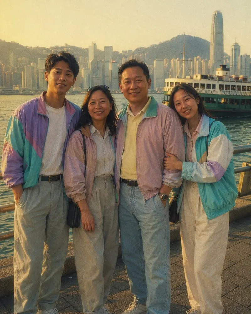 船上的度假相，變成褪色的 80 年代夏日菲林相，背景是維港。