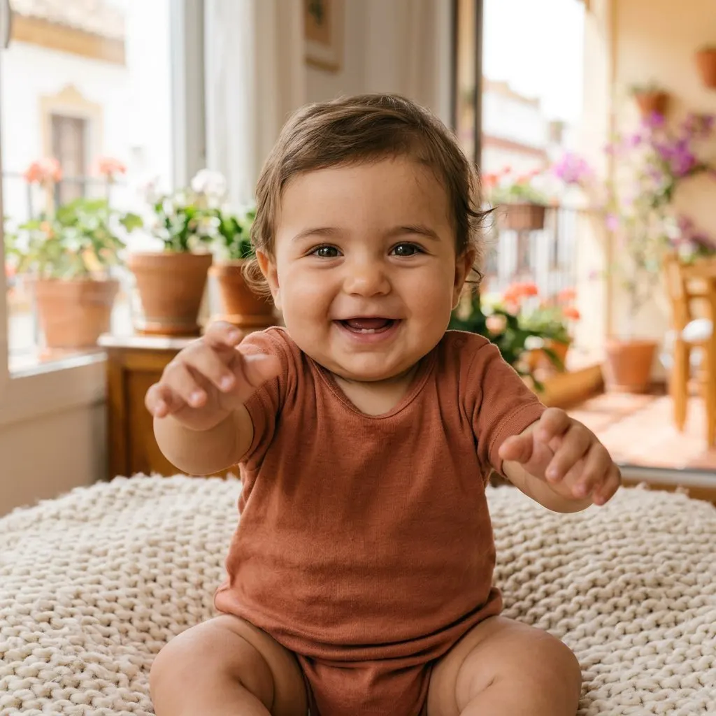 Primer plano de un bebé de pelo oscuro y ojos marrones, el bebé de la primera familia de ejemplo
