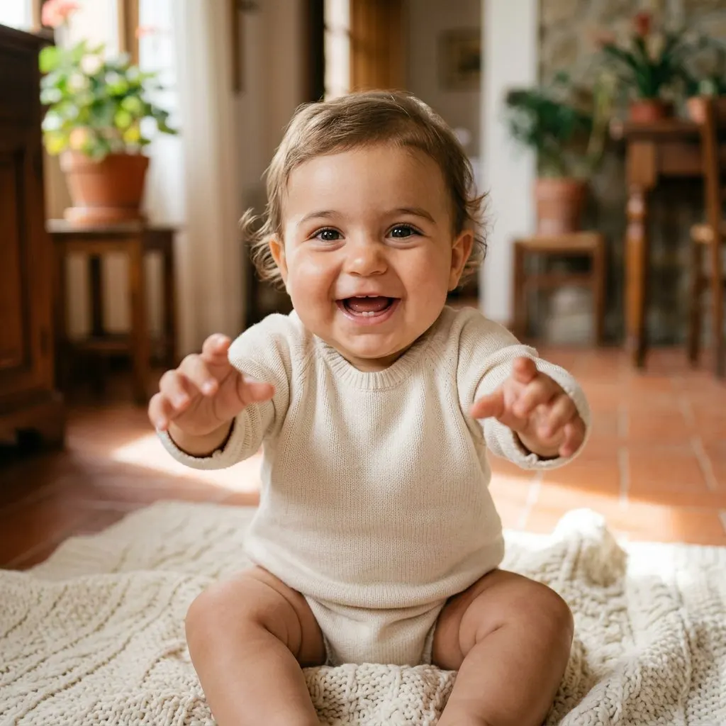 Primo piano del viso di un neonato, il bambino generato con l’IA della prima famiglia di esempio