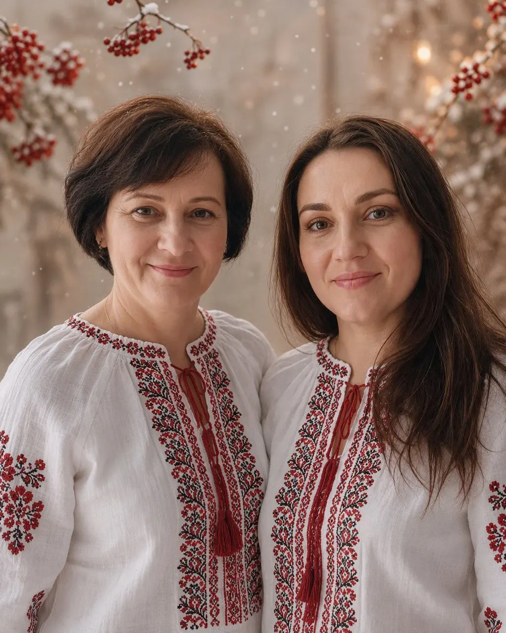 Мама й доросла донька у вишиванках на зимовому студійному тлі