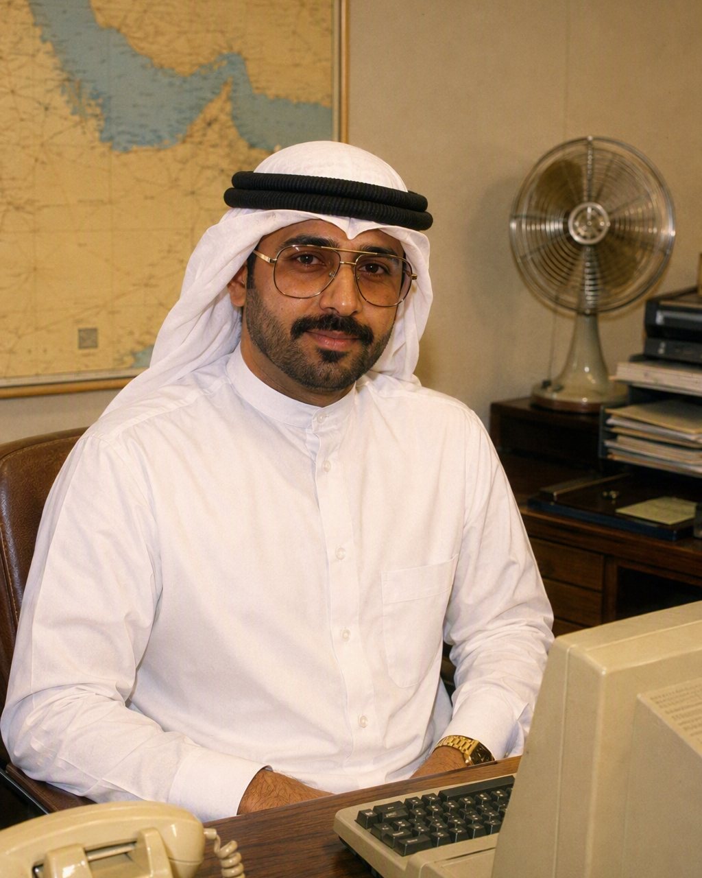 صورة المكتب الحديثة تعود إلى مكتب الثمانينات: مكتب خشبي، شاشة كمبيوتر بيج، هاتف قرصي، ومروحة مكتب.