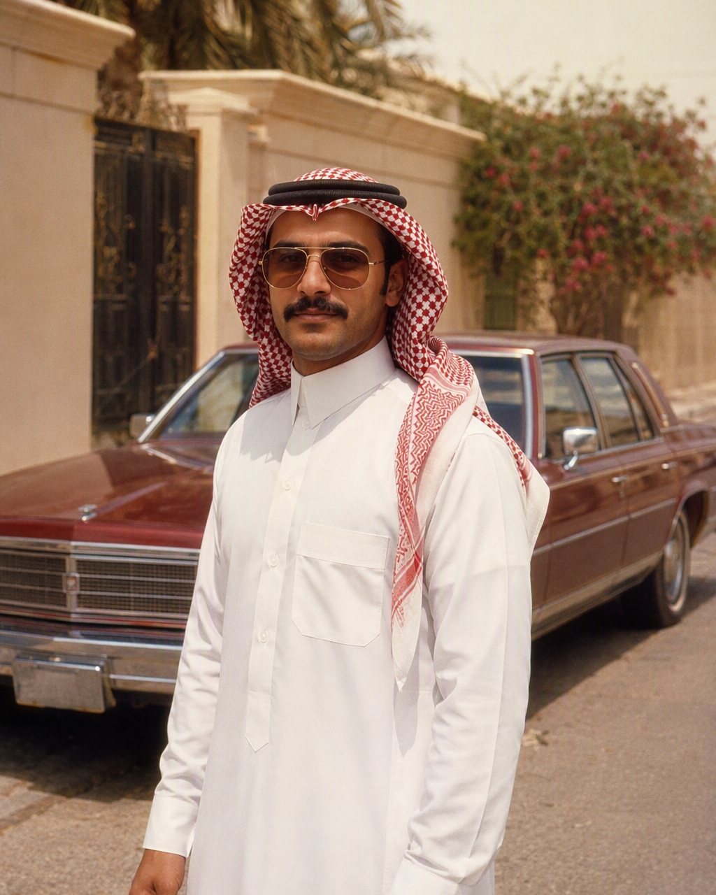 رجل سعودي بثوب أبيض وشماغ أحمر وعقال ونظارة شمسية ملونة أمام كابرس عنابي في شارع بالرياض، صورة بستايل الثمانينات من FaceCast