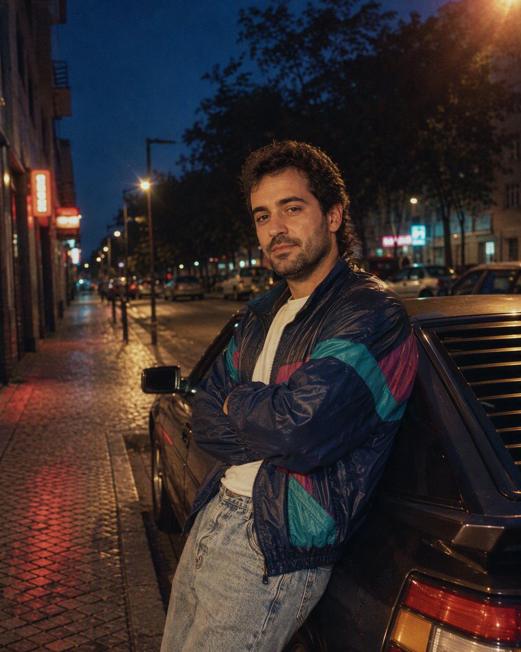 Sokakta arabanın yanındaki kare, 1986 akşamına ve spor arabaya dönüyor.
