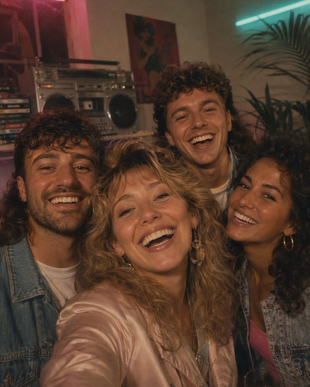 FaceCast ile 80’ler ev partisine çevrilmiş arkadaş grubu fotoğrafı: kasetçalar, neon pembe ve turkuaz ışık, kot ceketler ve kabarık saçlar
