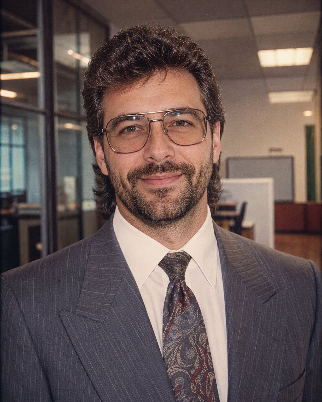 FaceCast ile 80’ler stiline dönüştürülmüş ofis portresi: geniş omuzlu takım ve büyük çerçeveli gözlük