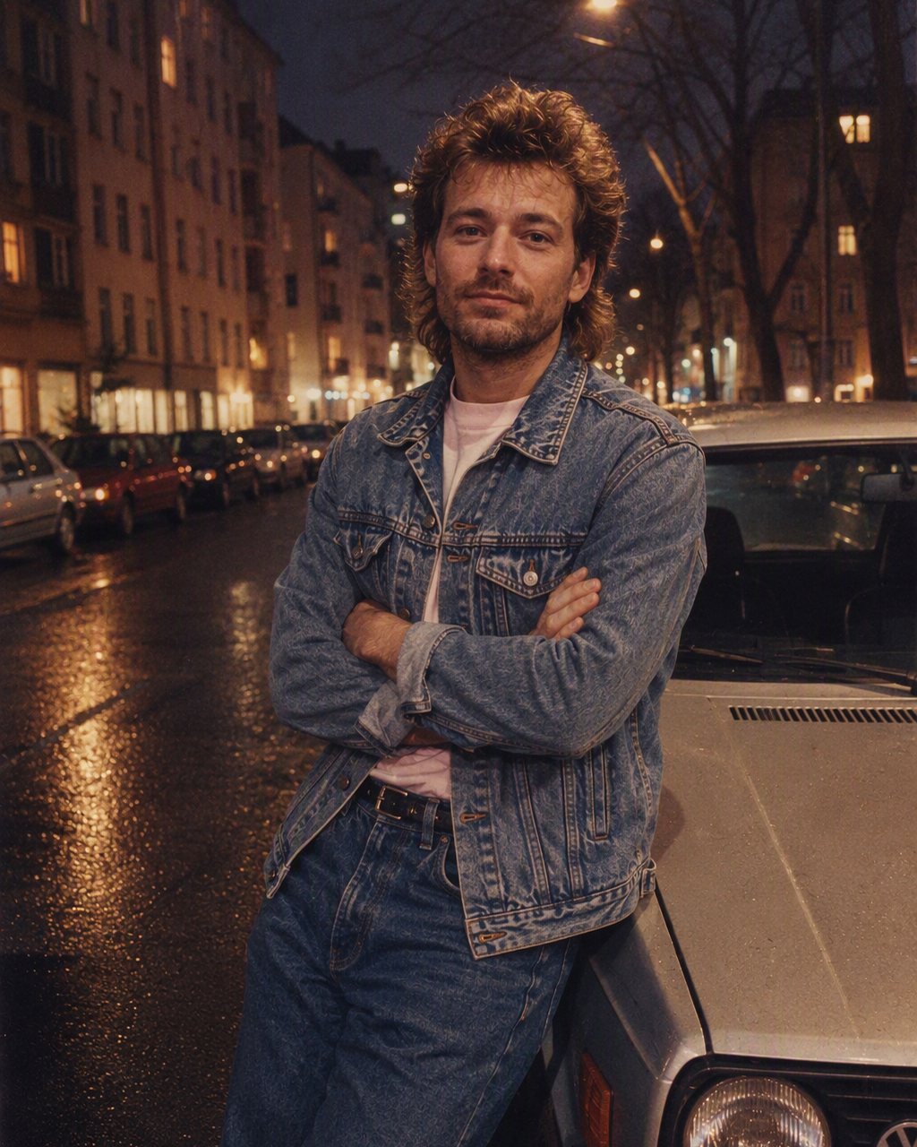 Person neben einem VW Golf II im 80er-Jahre-Stil, mit KI erzeugt