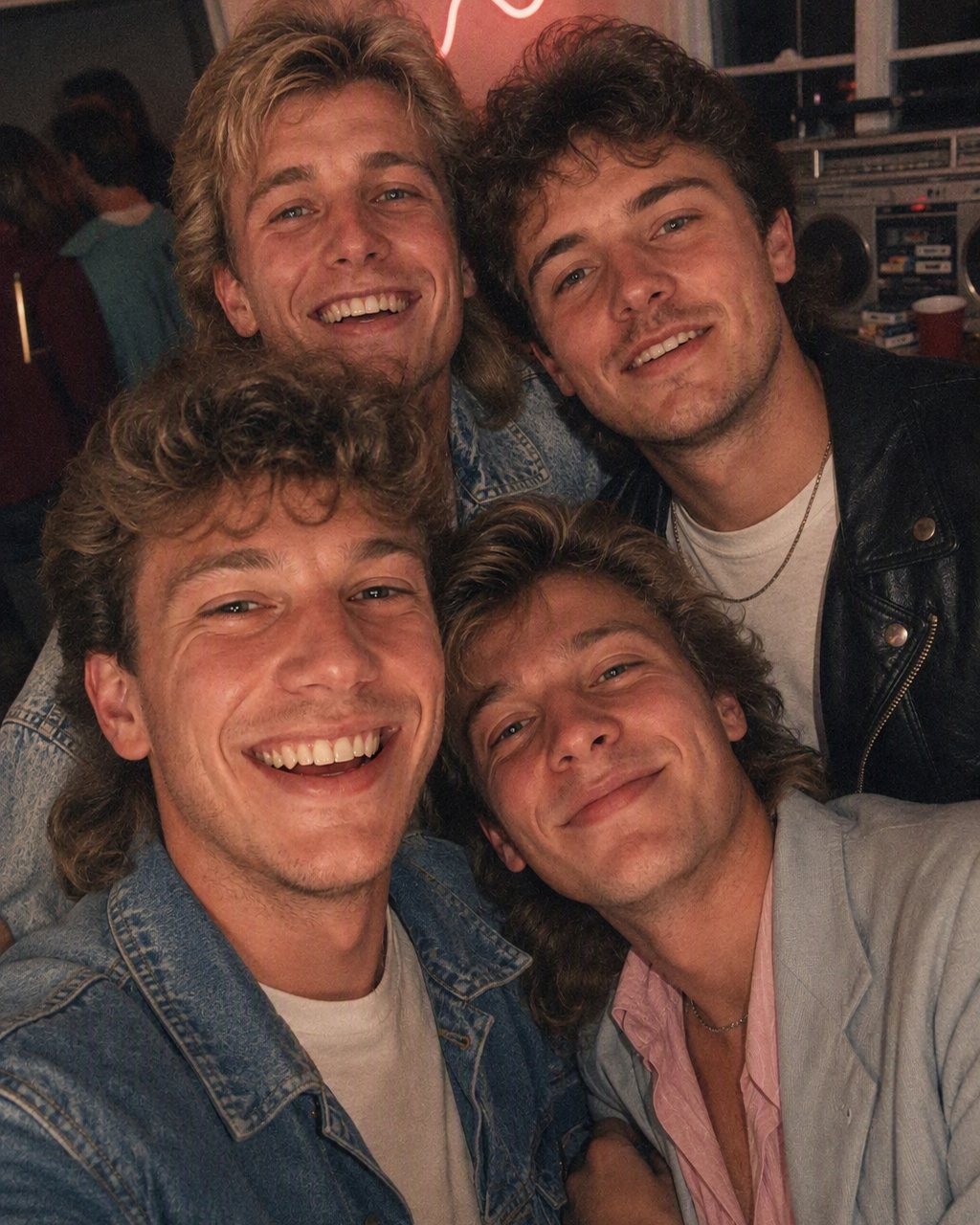Freundesgruppe im 80er-Jahre-Stil mit Föhnwelle, Denim und hartem Blitz