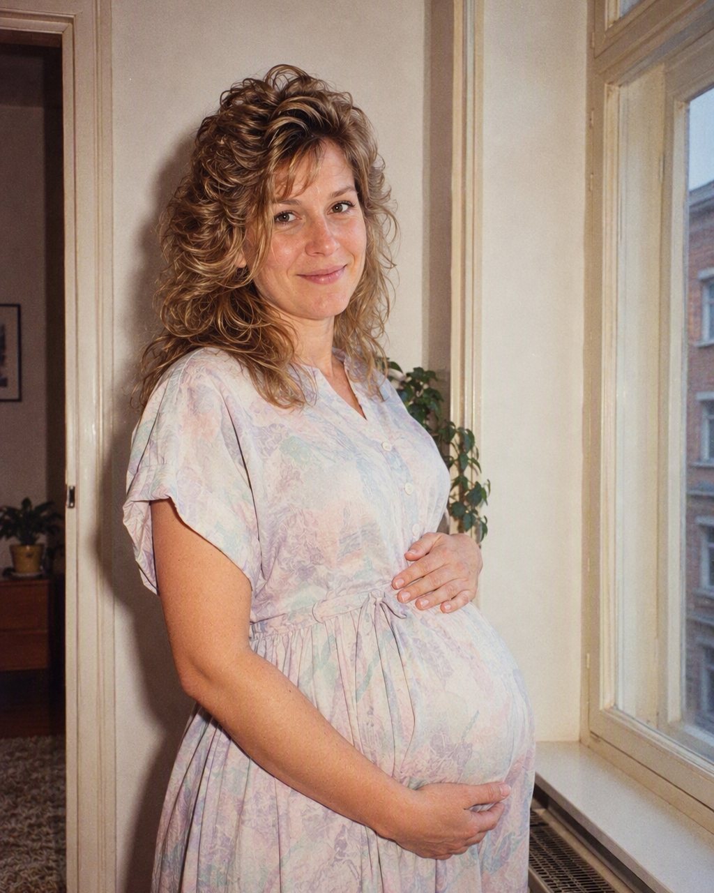 Das Babybauchfoto am hohen Altbaufenster wird zum Schwangerschaftsshooting der 80er Jahre.
