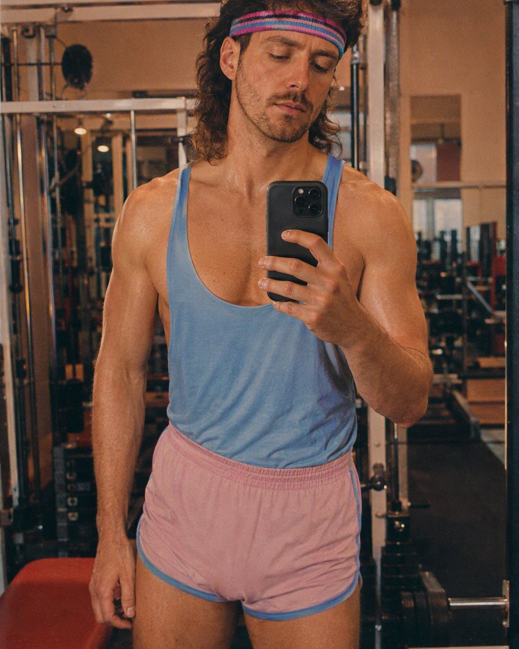 Das Selfie aus dem Fitnessstudio reist in die Aerobic-Zeit, mit Stulpen und Neonfarben.