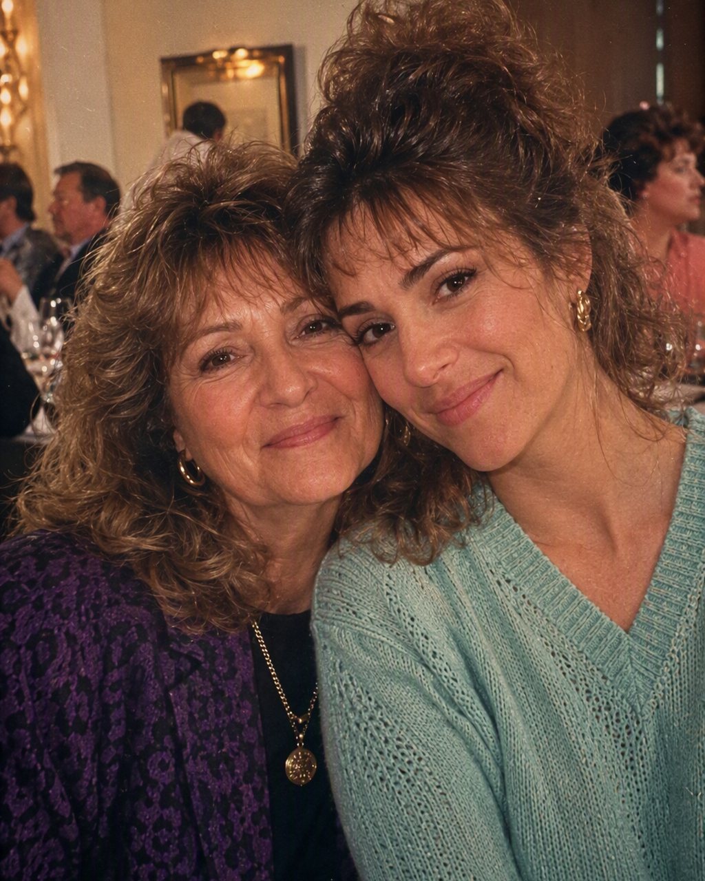 A snapshot at the family table becomes a mid-1980s mother-and-daughter portrait.