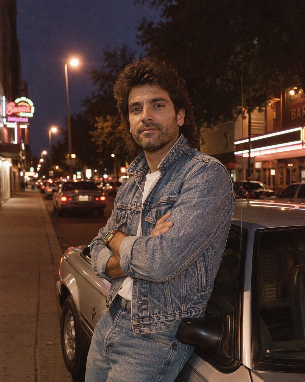 A photo beside a car restyled as a 1986 night scene with a sports car and neon light