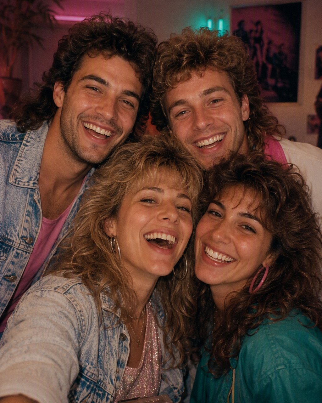 A group of friends restyled at a neon-lit 1986 house party with big hair, bright colours and a boombox, made with FaceCast