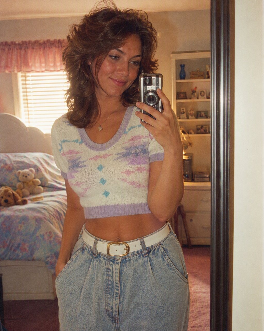 The bedroom mirror selfie becomes a 1986 studio portrait: the phone disappears and the hair goes big.