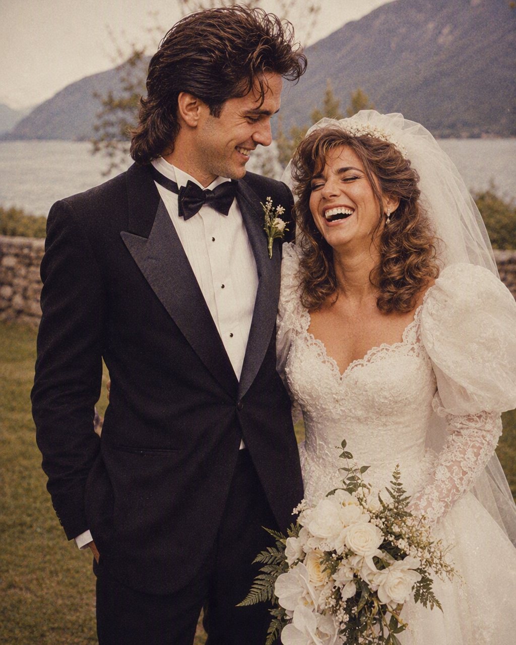 A modern bride and groom get puff sleeves, a wide-lapel tuxedo and a soft-focus flash.