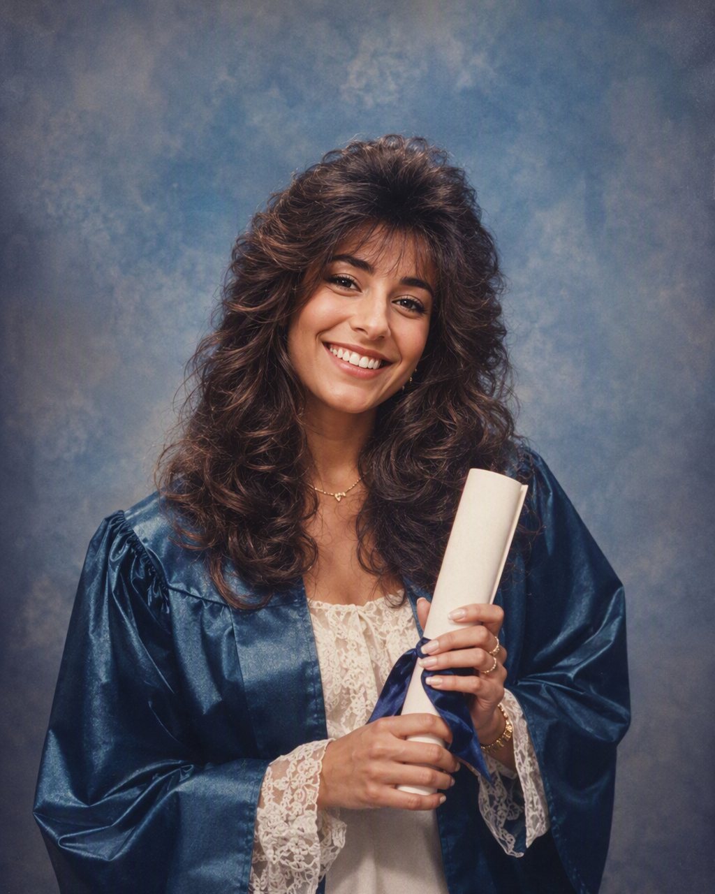 Cap and gown become an 80s graduation portrait on a blue studio backdrop.