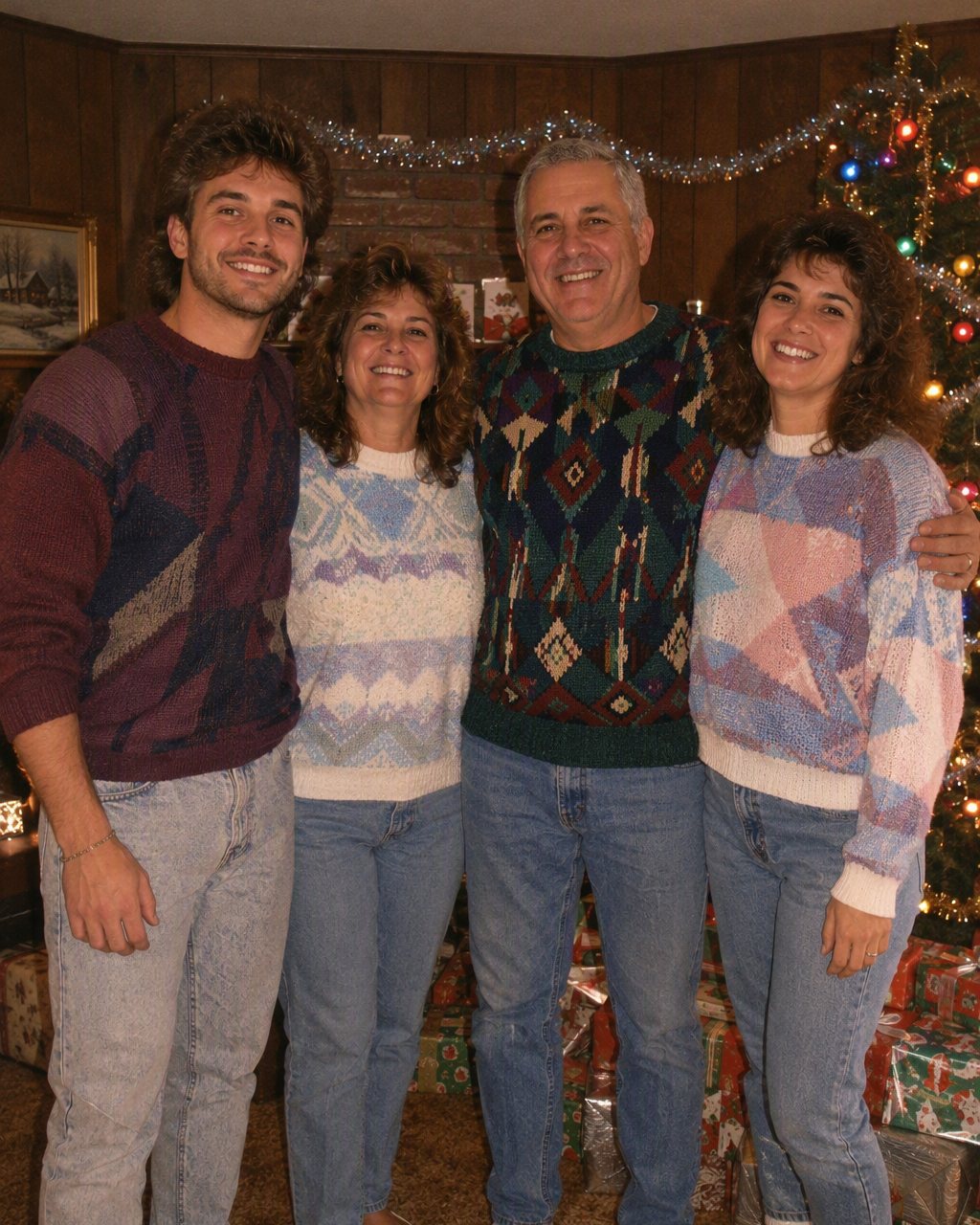 A mother and her adult daughter restyled as a mid-1980s family studio portrait with permed hair and pastel knitwear, made with FaceCast