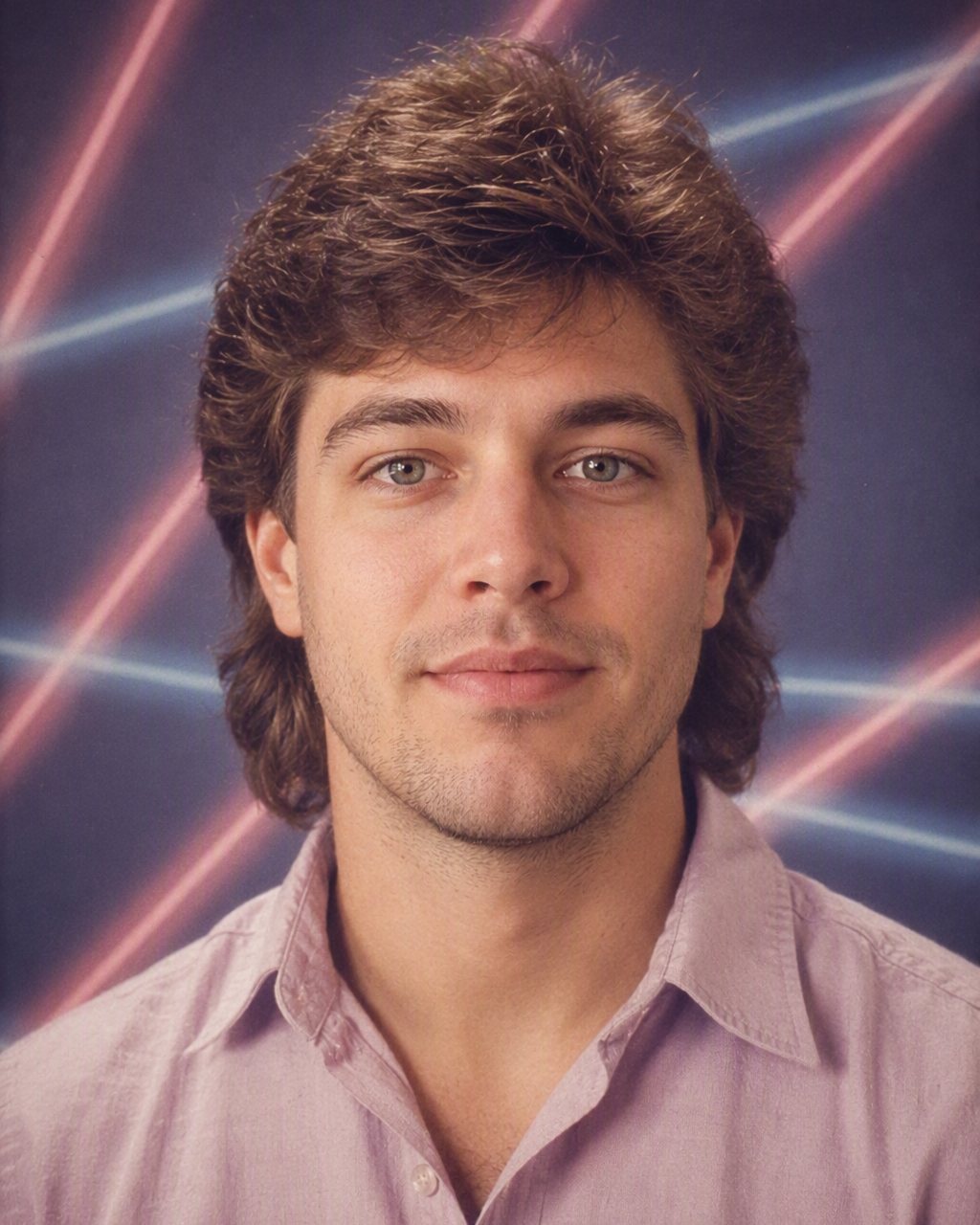 A portrait restyled as an 80s school photo with a blue-and-pink laser backdrop and a hard direct flash, made with FaceCast