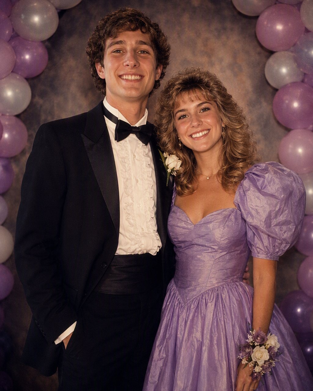 A couple in mid-1980s formalwear with a puffed-sleeve dress and a wide-lapel tuxedo, restyled with FaceCast